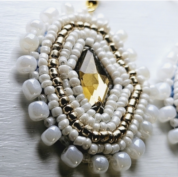 2/$27 | White + Gold Beaded Bohemian Indigenous Native Hoop Earrings | Handmade - Picture 4 of 8